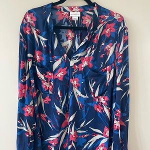 LIZ Claiborne Women's Navy Blue Floral Long Sleeve Blouse Size XL 100% Rayon.